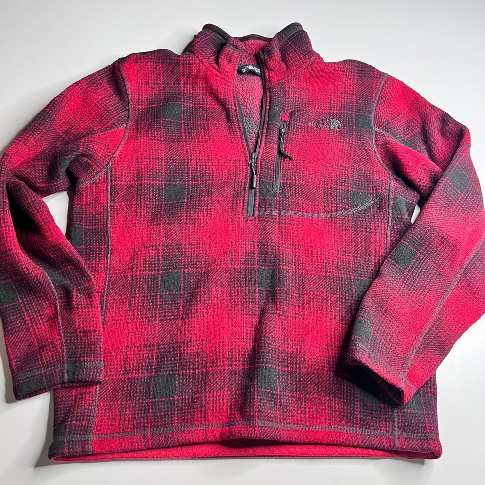 The North Face Mens Red Black Plaid Quarter Zip Fleece Pullover Jacket Size M